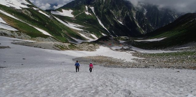 剣沢キャンプ場付近にて雪上歩行訓練を行う様子